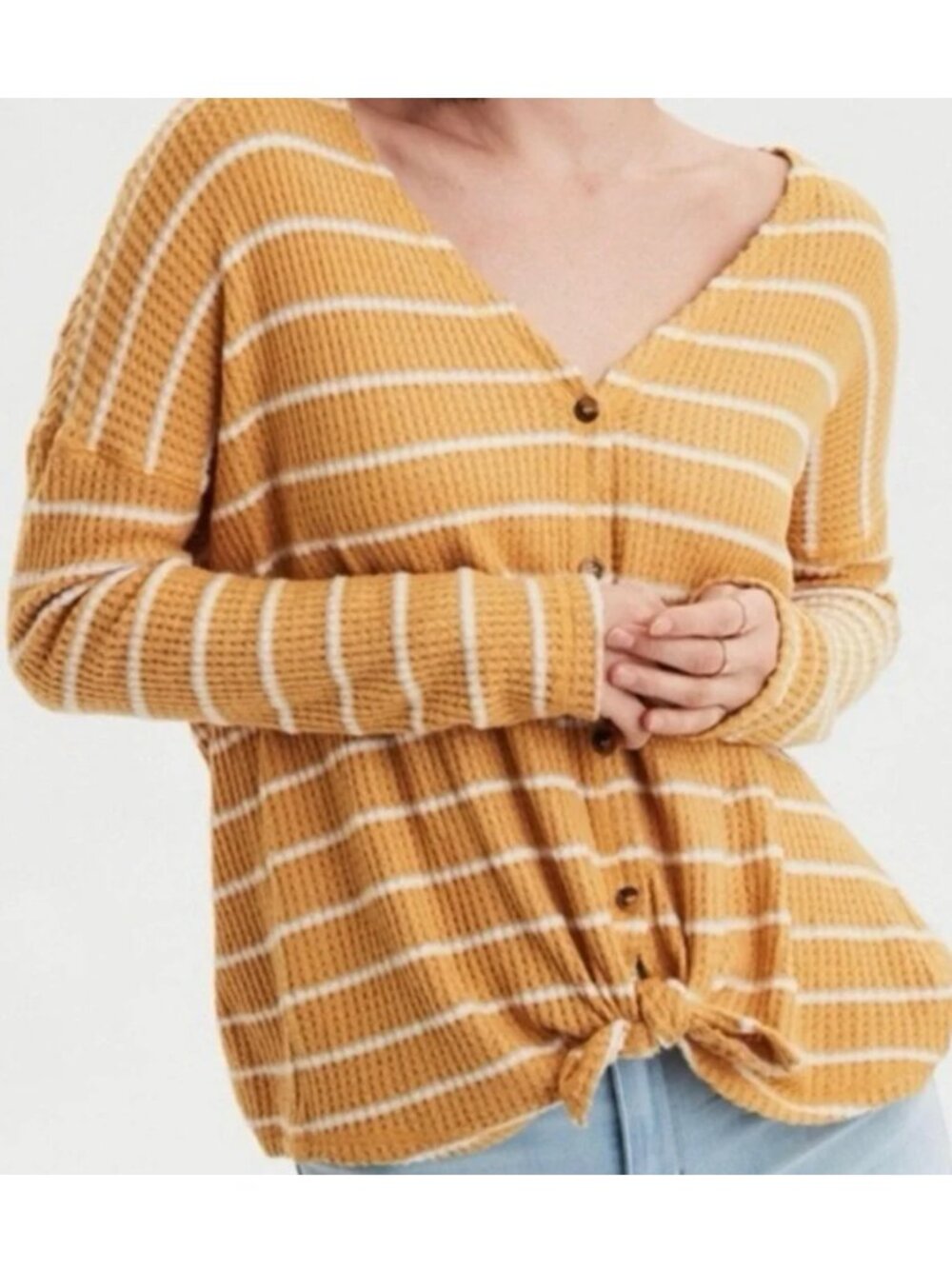 AMERICAN EAGLE Mustard/White Stripe Waffle Knit Top sz S